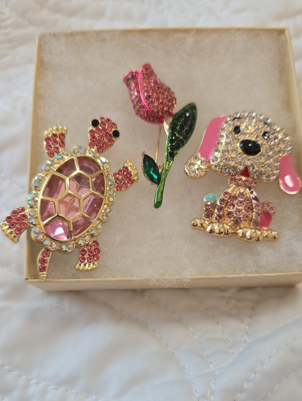 3 Fun Sparkly Brooches Pink Turtle, Tulip & Puppy Crystal